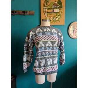 Women's Vintage 80s pastel cat sweater ugly sweater size